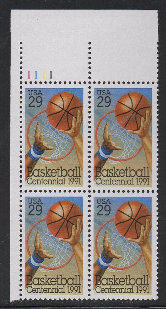 1991 Basketball, 100th Anniversary Plate Block of 4 29c Postage Stamps - MNH, OG - Sc# 2560
