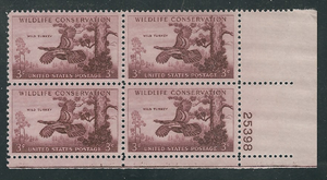 1956 Wildlife Conservation Plate Block of 4 3c Postage Stamps - MNH, OG - Scott# 1077 - CX922