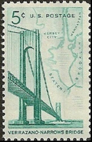 1964 Verrazano-Narrows Bridge, New York Single 5c Postage Stamp - MNH, OG - Scott 1258 - CT90c
