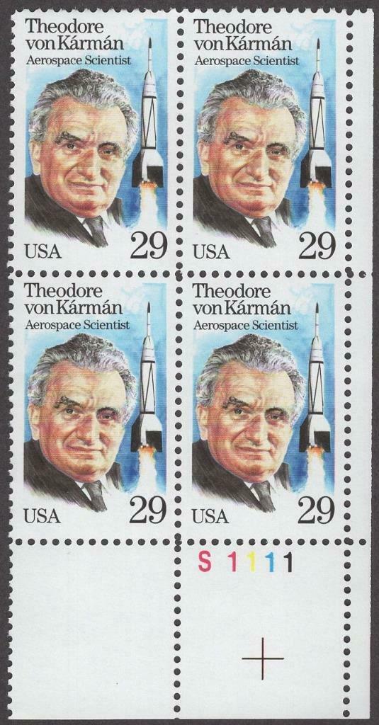 1992 Theodore Von Karman Plate Block of 4 29c Postage Stamps - MNH, OG - Scott 2699