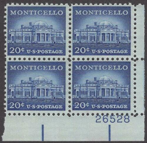 1954-68 Thomas Jefferson's Monticello Plate Block of 4 20c Postage Stamps - Scott 1047 - MNH, OG - CX574