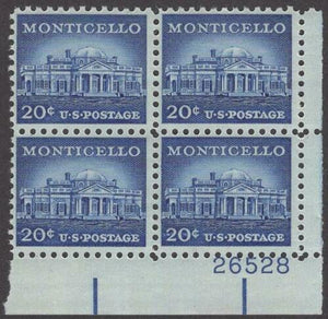 1954-68 Thomas Jefferson's Monticello Plate Block of 4 20c Postage Stamps - Sc# 1047 - MNH, OG - CX574