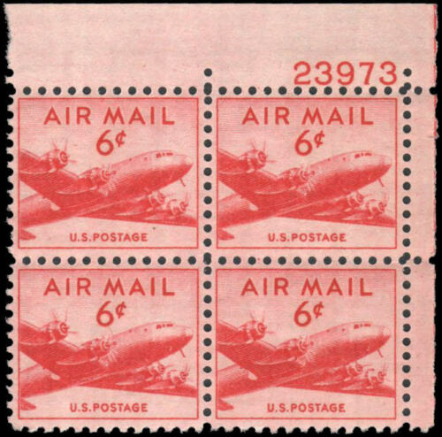 1949 USA Transport Plane Plate Block Of 4 6c Airmail Postage Stamps  - Scott C39 -  MNH,OG  - CX 430