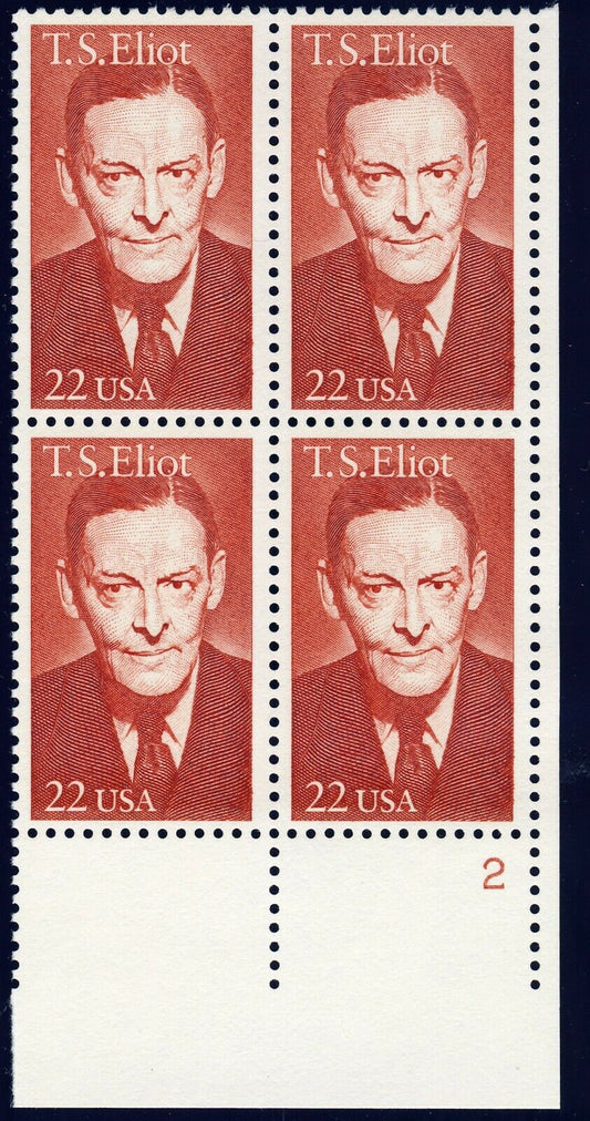 1986 TS Eliot Plate Block Of 4 22c Postage Stamps Scott 2239 - MNH, OG - CX867