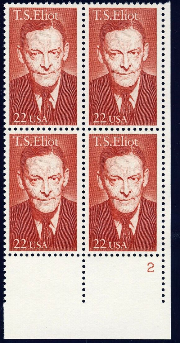 1986 TS Eliot Plate Block Of 4 22c Postage Stamps - Sc 2239 - MNH, OG - CX867