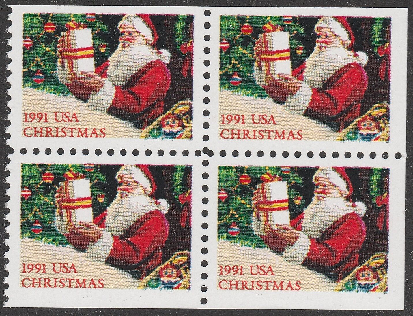 1991 Christmas Santa Booklet Pane Block of 4 29c Postage Stamps - MNH, OG - Scott 2583