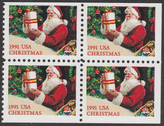 1991 Christmas Santa Booklet Pane Block of 4 29c Postage Stamps - MNH, OG - Scott 2583