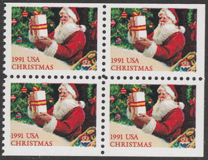 1991 Christmas Santa Booklet Pane Block of 4 29c Postage Stamps - MNH, OG - Sc# 2583