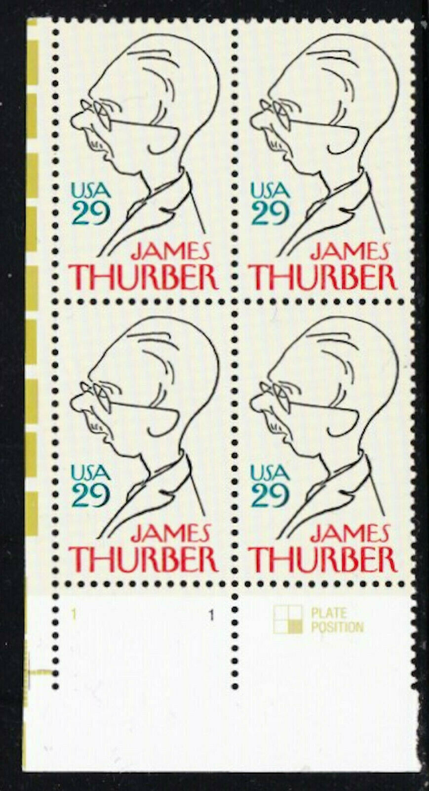 1994 James Thurber Plate Block of 4 29c Postage Stamps - MNH, OG - Scott 2862