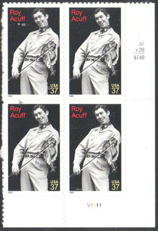 Roy Acuff Country Music Plate Block of 4 37c Postage Stamps - MNH, OG - Scott 3812 - DR171