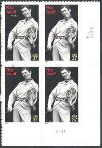 Roy Acuff Country Music Plate Block of 4 37c Postage Stamps - MNH, OG - Sc# 3812 - DR171