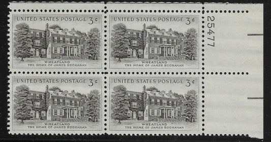 1956 Wheatland James Buchanan Home Plate Block of 4 3c Postage Stamps - MNH, OG - Scott 1081