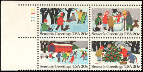 1982 Christmas Seasons Greetings - Plate Block of 4 20c Postage Stamps- Scott 2027-2030 - MNH, OG - DS161a