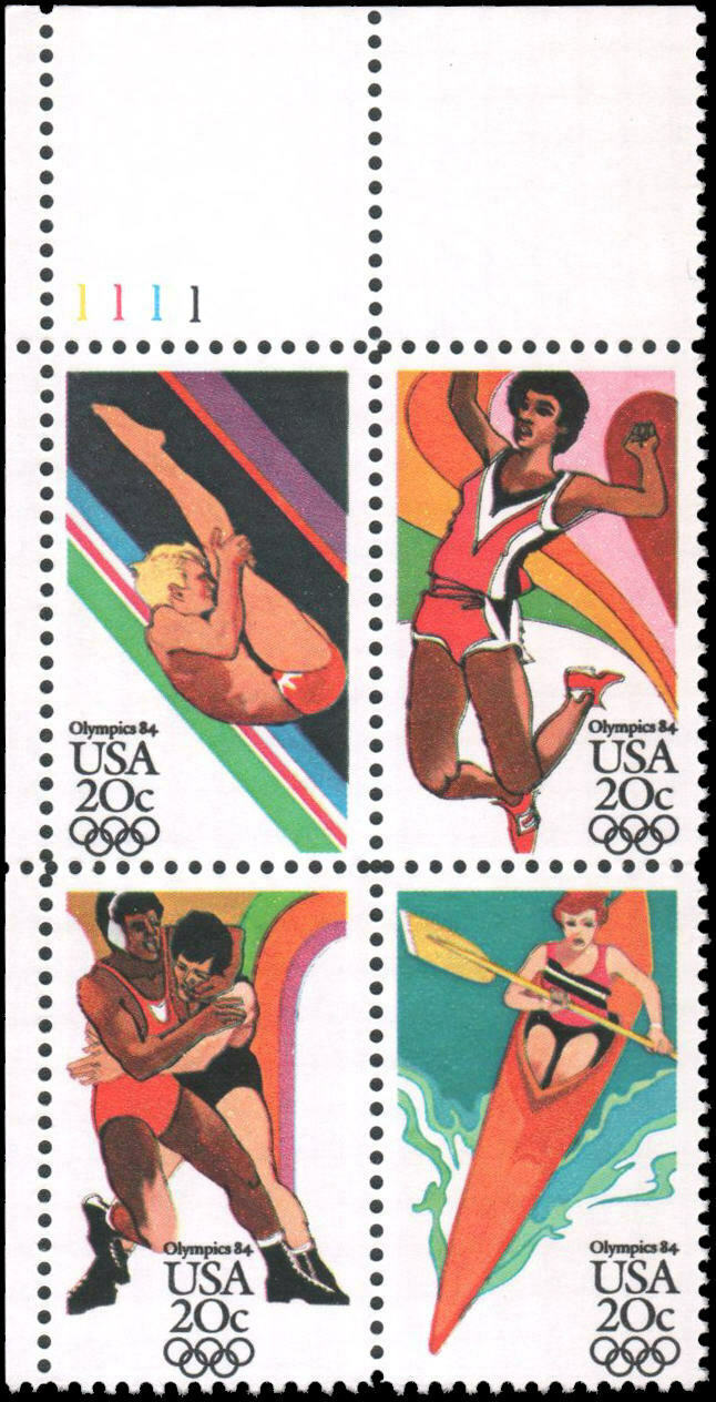1984 Summer Olympics Plate Block Of 4 20c Postage Stamps - Scott 2082-2085 - MNH, OG - CW226a