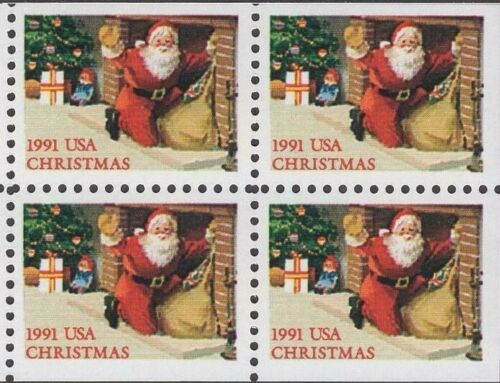 1991 Christmas Santa Booklet Pane Block of 4 29c Postage Stamps - MNH, OG - Scott 2584