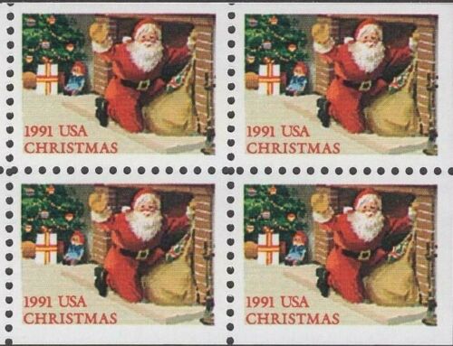 1991 Christmas Santa Booklet Pane Block of 4 29c Postage Stamps - MNH, OG - Sc# 2584