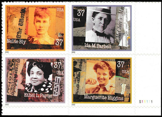 2002 Women In Journalism Plate Block Of 4 37c Postage Stamps - Scott 3665-3668 - MNH, OG - DC115a