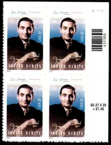 2002 Irving Berlin Plate Block of 4 37c Postage Stamps - MNH, OG - Scott 3669