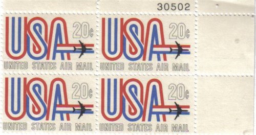 1968 USA & JET Plate Block of 4 20c Airmail Postage Stamps - Scott C75 - MNH,OG