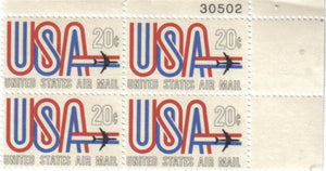 1968 USA & JET Plate Block of 4 20c Airmail Postage Stamps - Sc# C75 - MNH,OG