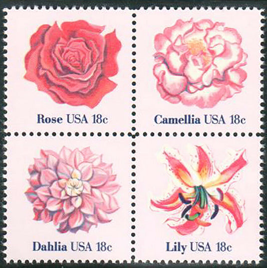 1981 Flowers Rose, Camellia, Dahlia, Lily Block of 4 18c Postage Stamps - MNH, OG - Scott 1876-1879