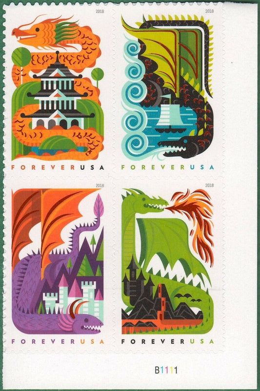 2018 Dragons Plate Block of 4 Forever Postage Stamps - MNH, OG - Scott 5307-5310