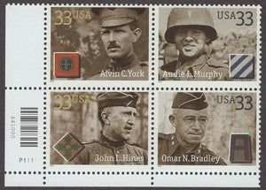 2000 Distinguished Soldiers Plate Block of 4 33c Postage Stamps - MNH, OG - Sc#3393 -  3396