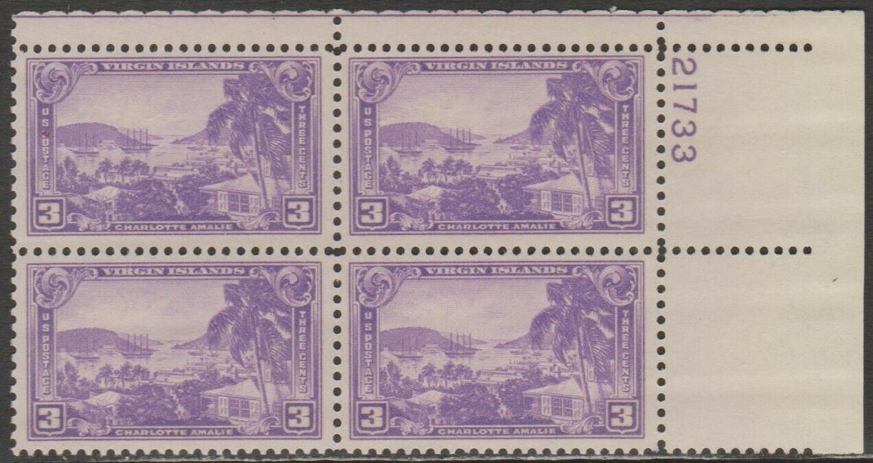 1937 Virgin Islands Plate Block of 4 3c Postage Stamps - Scott 802 -  MNH,OG  CY802b