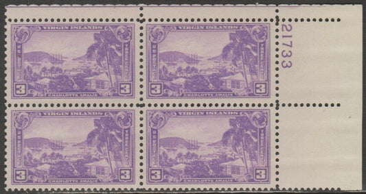 1937 Virgin Islands Plate Block of 4 3c Postage Stamps - Scott 802 -  MNH,OG  CY802b