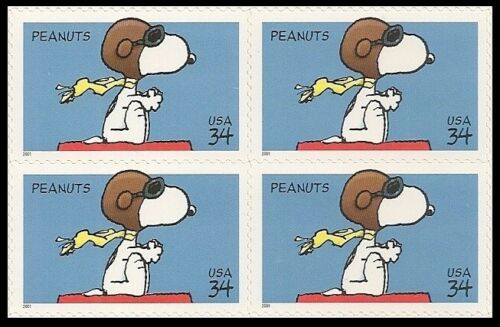 2001 Peanuts Comic Strip Snoopy Block of 4 34c Postage Stamps - Scott 3507 - MNH, OG - CX68