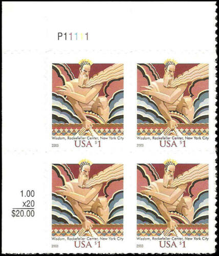 2003 Wisdom Rockefeller Center Plate Block of 4 $1 Postage Stamps - MNH, OG - Scott 3766