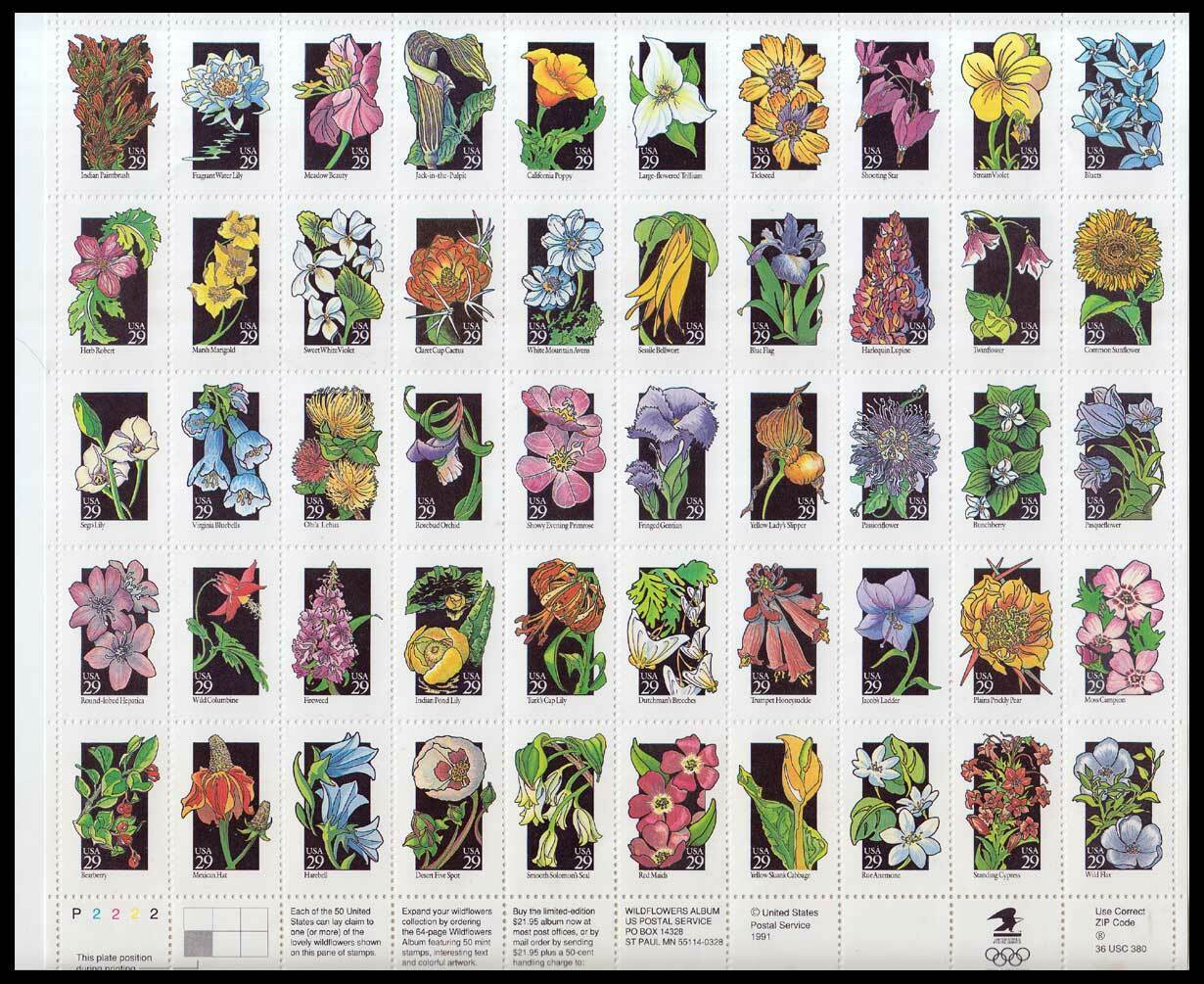 1992 50 Different Wildflowers Sheet Of 50 29c Postage Stamps - Scott 2647-2696 - CV139