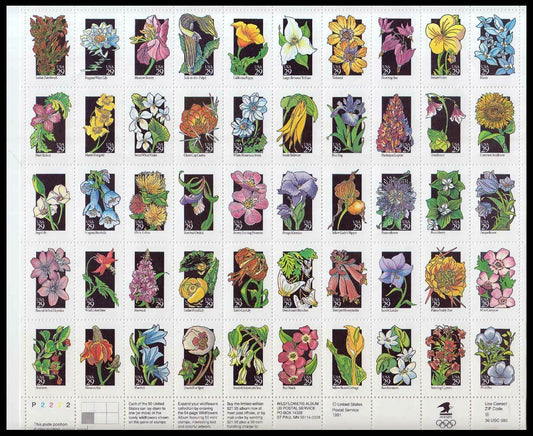 1992 50 Different Wildflowers Sheet Of 50 29c Postage Stamps - Scott 2647-2696 - CV139