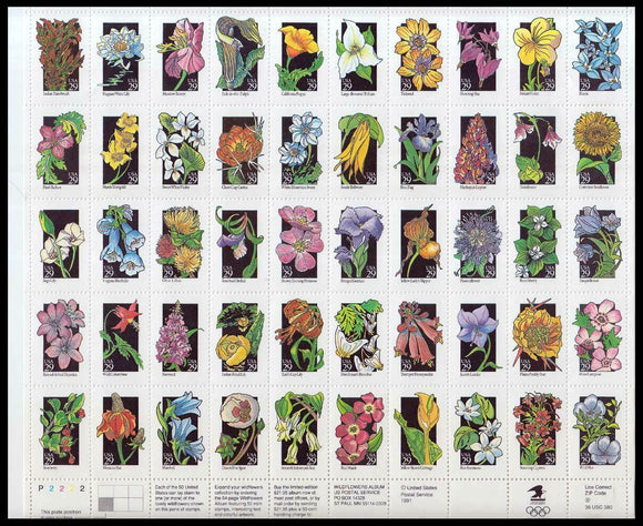 1992 50 Different Wildflowers Sheet Of 50 29c Postage Stamps - Sc# 2647-2696 - CV139