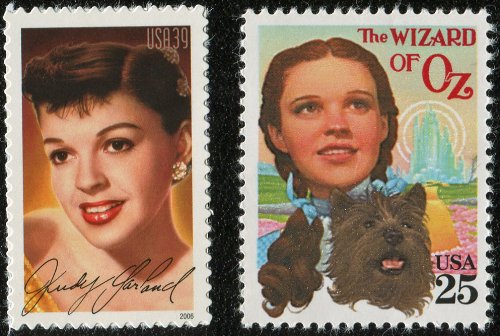 1990, 2006 Postage Stamps of Judy Garland from: A Star is Born (39c) and The Wizard of Oz (25c) - Scott 2445, 4077