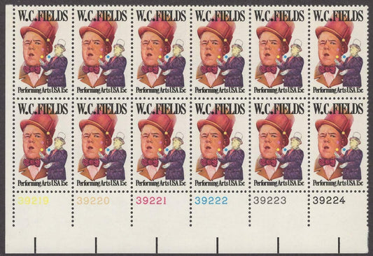 1980 WC Fields Performing Arts Plate Block Of 12 15c Postage Stamps - Scott 1803 - MNH, OG - CW24a