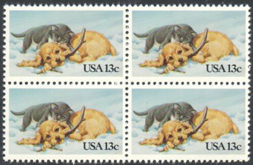 1982 Kitten & Puppy Playing Block Of 4 13c Postage Stamps - Scott 2025 - MNH - DS172