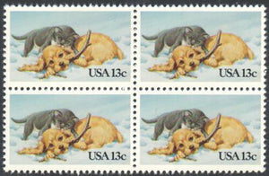 1982 Kitten & Puppy Playing Block Of 4 13c Postage Stamps - Sc# 2025 - MNH - DS172
