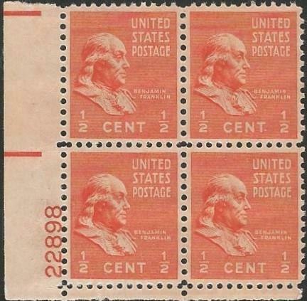 1938 Benjamin Franklin Plate Block of 4 Postage Stamps - Scott 803 - MNH,OG