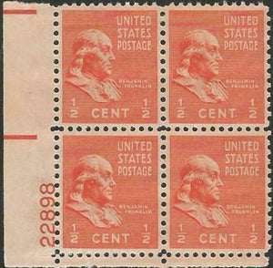 1938 Benjamin Franklin Plate Block of 4 Postage Stamps - Sc# 803 - MNH,OG