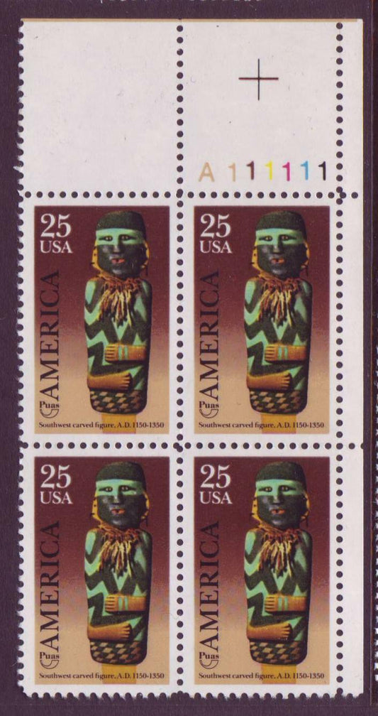 1989 Pre-Columbian Southwest Carved Figure Plate Block Of 4 25c Postage Stamps Scott 2426 - MNH - CW456a