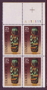 1989 Pre-Columbian Southwest Carved Figure Plate Block Of 4 25c Postage Stamps - Sc 2426 - MNH - CW456a