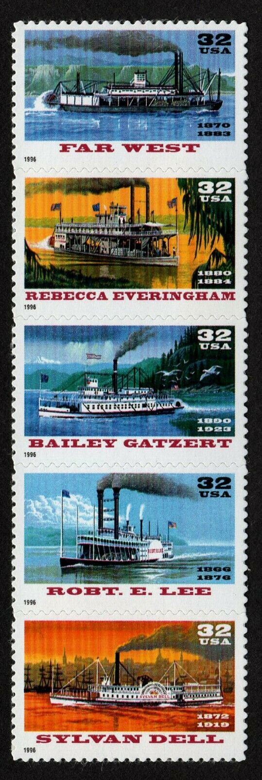 1996 Riverboats Strip Of 5 32c Postage Stamps - MNH, OG - Scott 3091-3095 - CX388