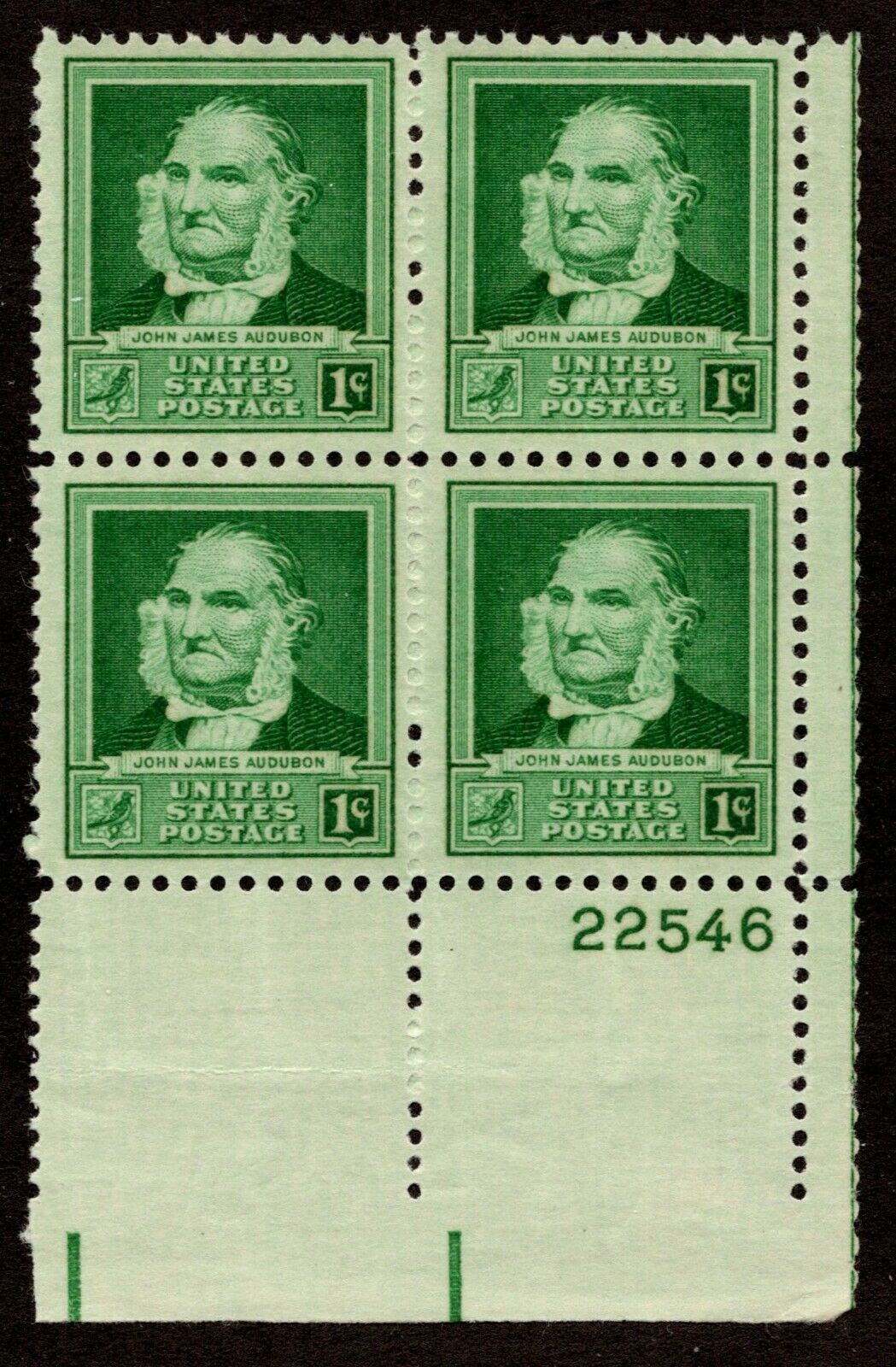 1940 John James Audubon Plate Block of 4 1c Postage Stamps - Scott 874 - MNH, OG - CX543