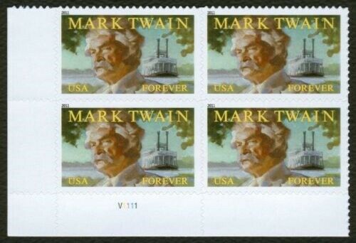 2011 Mark Twain Plate Block of 4 "Forever" Postage Stamps - MNH, OG - Scott 4545