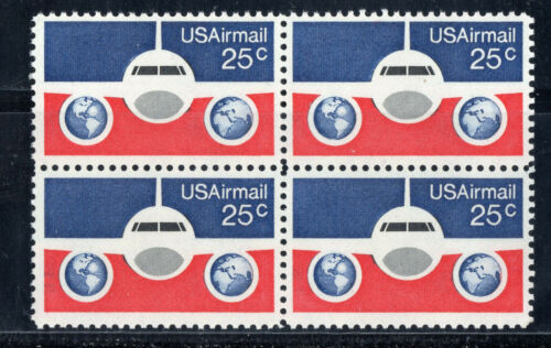 1976 Airplane & Globe Airmail Block of 4 25c Postage Stamps - MNH, OG - Scott C89 - BC44a