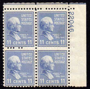 1938 President James K. Polk Plate Block of 4 11c Postage Stamps - Sc# 816 - MNH,OG