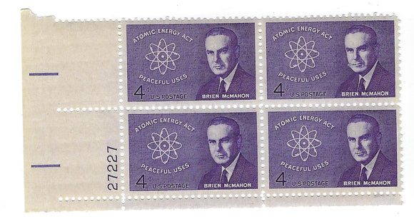 1962 Atomic Energy Brien McMahon Plate Block Of 4 4c Postage Stamps - MNH, OG - Sc# 1200`- CX204