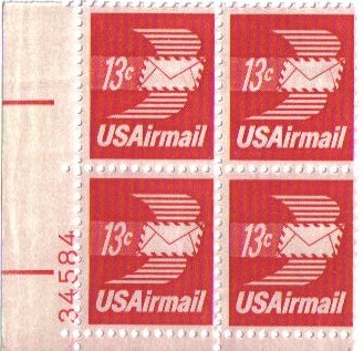 1973 WINGED ENVELOPE Airmail #C79 Plate Block of 4 13c Postage Stamps  - Scott C79 -  MNH,OG