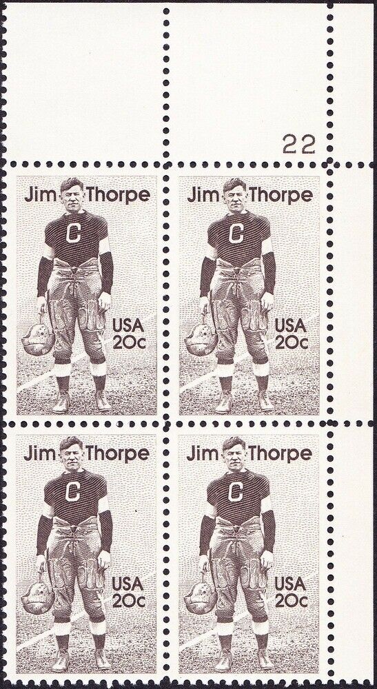 1984 Jim Thorpe Football, Track Plate Block Of 4 20c Postage Stamps - Scott 2089 - MNH, OG - CQ66d